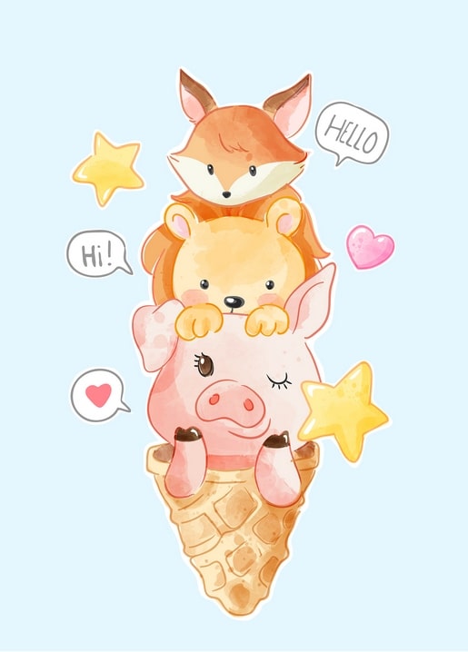 Watercolor fox, bear, and pig stacked inside an ice cream cone, saying hello