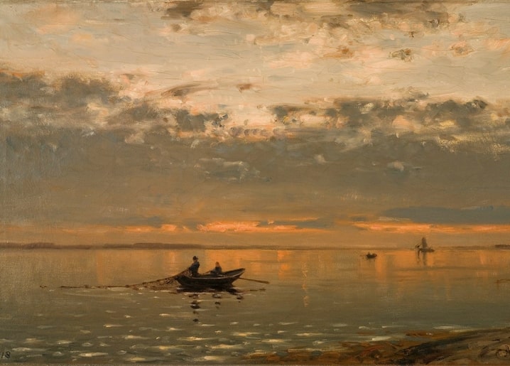 Rowboat crossing a fjord at sunset, painting by Amaldus Nielsen
