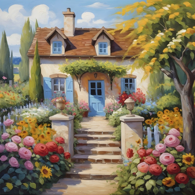 Illustration of a French cream stone cottage with blue shutters, roses and sunflowers in a garden