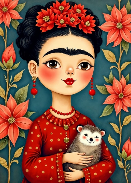 Frida-Kahlo-Porträt mit einem lächelnden Igel zwischen roten Blumen