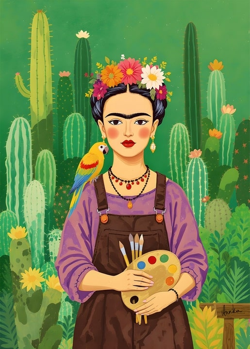Frida Kahlo mit Malpalette und Papagei zwischen grünen Kakteen