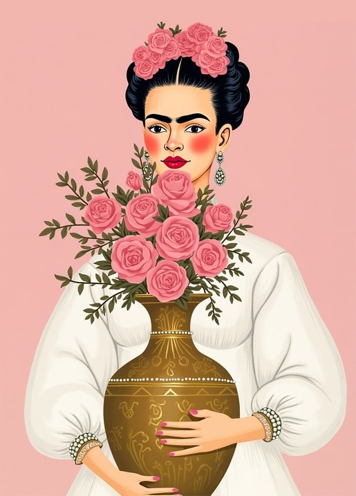 Illustration von Frida Kahlo mit einer goldenen Vase voller rosa Rosen