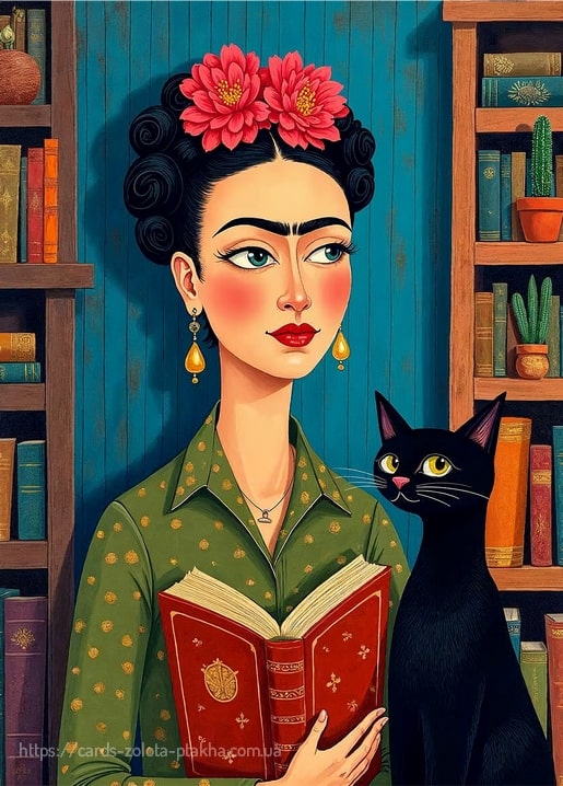 Illustrierte Frida Kahlo mit rotem Buch und schwarzer Katze im Bücherregal