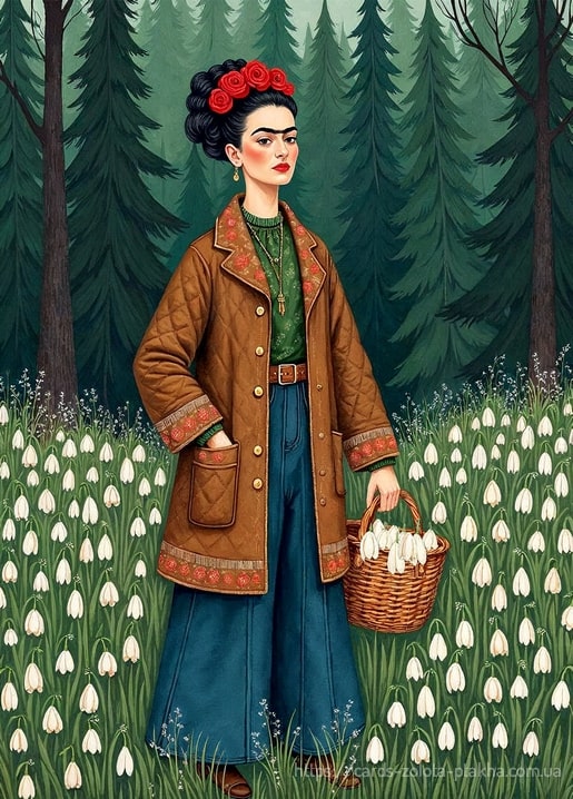 Illustrierte Postkarte: Frida Kahlo sammelt im gesteppten Mantel Schneeglöckchen im Kiefernwald