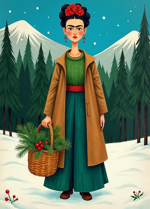 Frida Kahlo-style figure in a snowy pine forest carrying a basket of branches and red berries