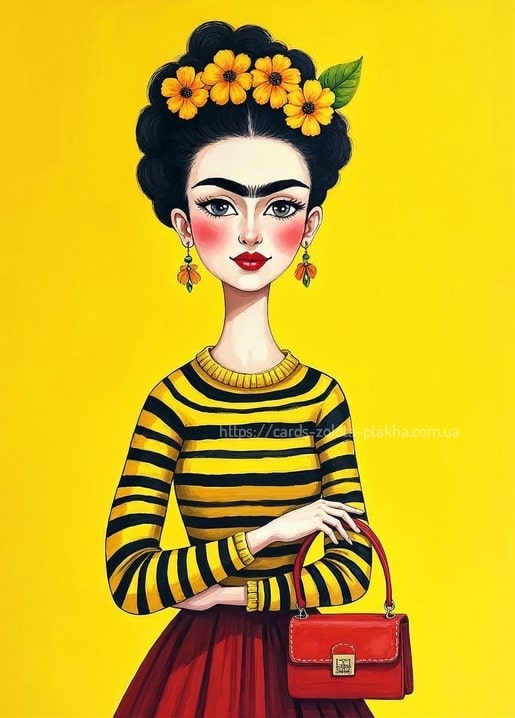 Frida Kahlo vor gelbem Hintergrund im gestreiften Pullover mit roter Handtasche