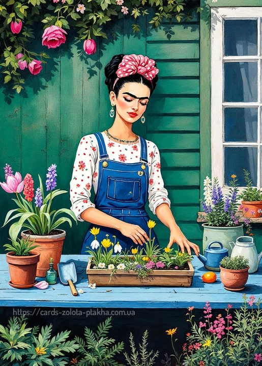 Illustration im Frida-Stil: Mädchen bepflanzt einen Blumenkasten vor einem grünen Gartenhaus