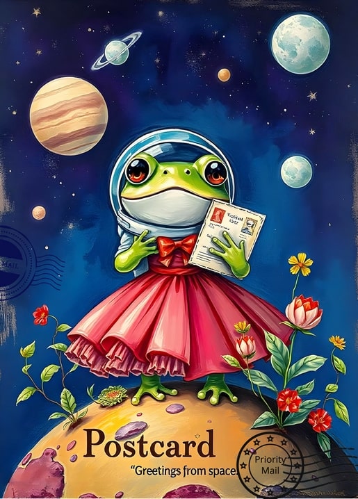 Frosch im Astronautenhelm und rosa Kleid hält einen Brief auf einem blühenden Planeten