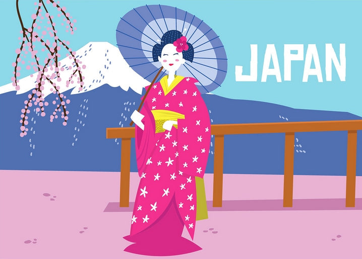 Frau im Kimono mit Schirm vor dem schneebedeckten Fuji und Kirschblüten