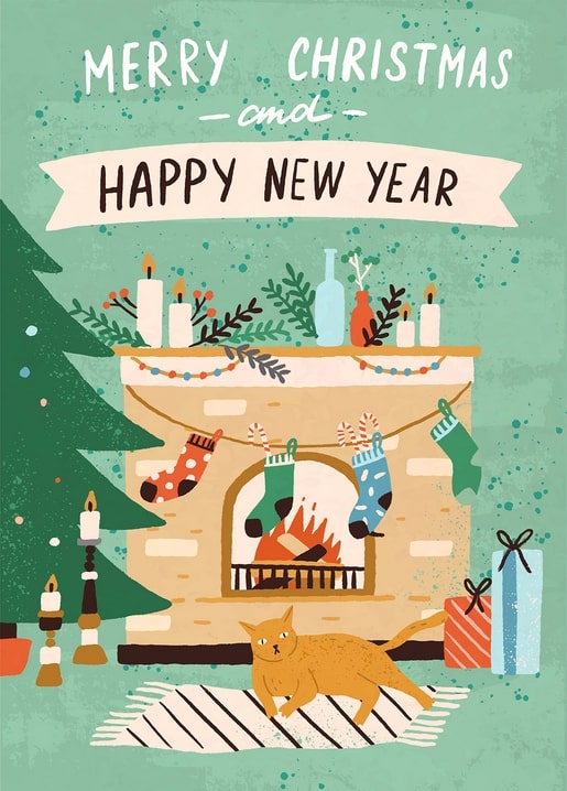 Illustrierte rote Katze am geschmückten Weihnachtskamin mit Strümpfen