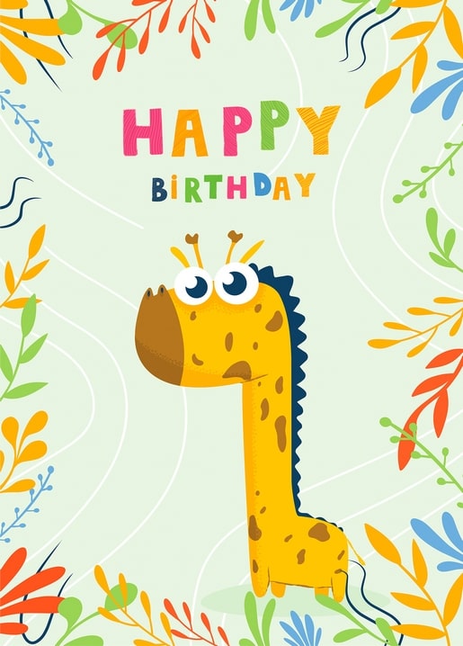 Wide-eyed cartoon giraffe in a colorful leaf border with “Happy Birthday” text