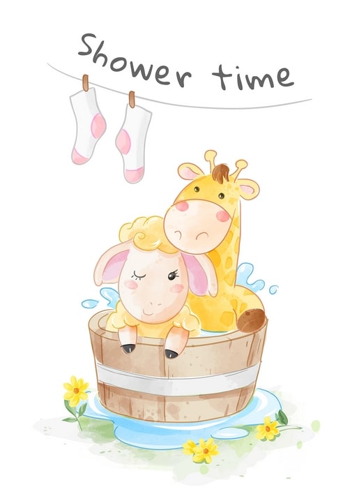 Watercolor giraffe and lamb bathing together in a wooden tub with socks drying above