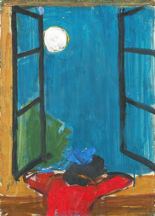 Gemälde einer rot gekleideten Figur am offenen Fenster, den Blick auf den Vollmond gerichtet, von Karl Pärsimägi
