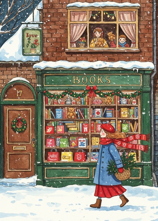 Дівчинка в червоному береті йде повз різдвяну книгарню з ведмедиками у вітрині
