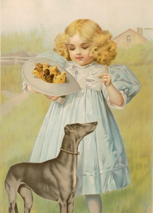 Vintage-Illustration eines Mädchens mit einem Hut voller gelber Küken neben einem Windhund