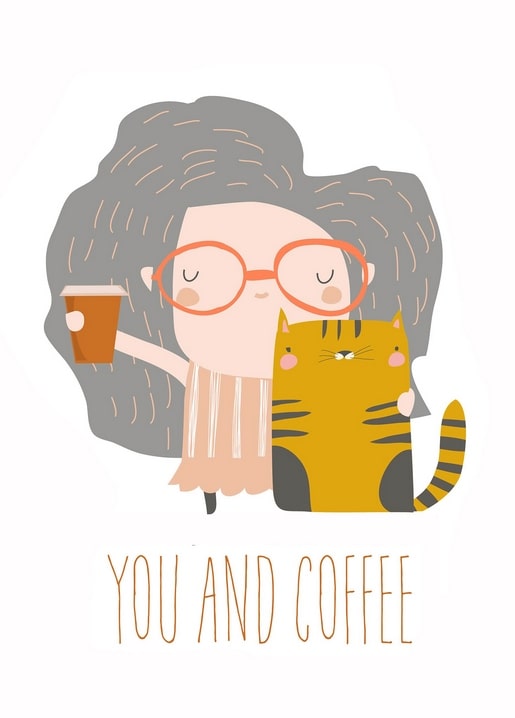 Girl in round glasses hugging a ginger tabby cat, holding a coffee, 'You and Coffee' postcard