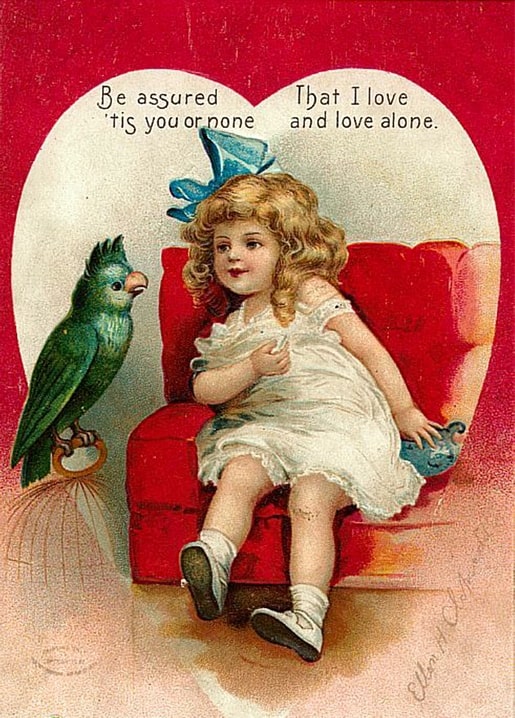 Vintage Valentine postcard with a curly-haired girl in a red armchair beside a green parrot