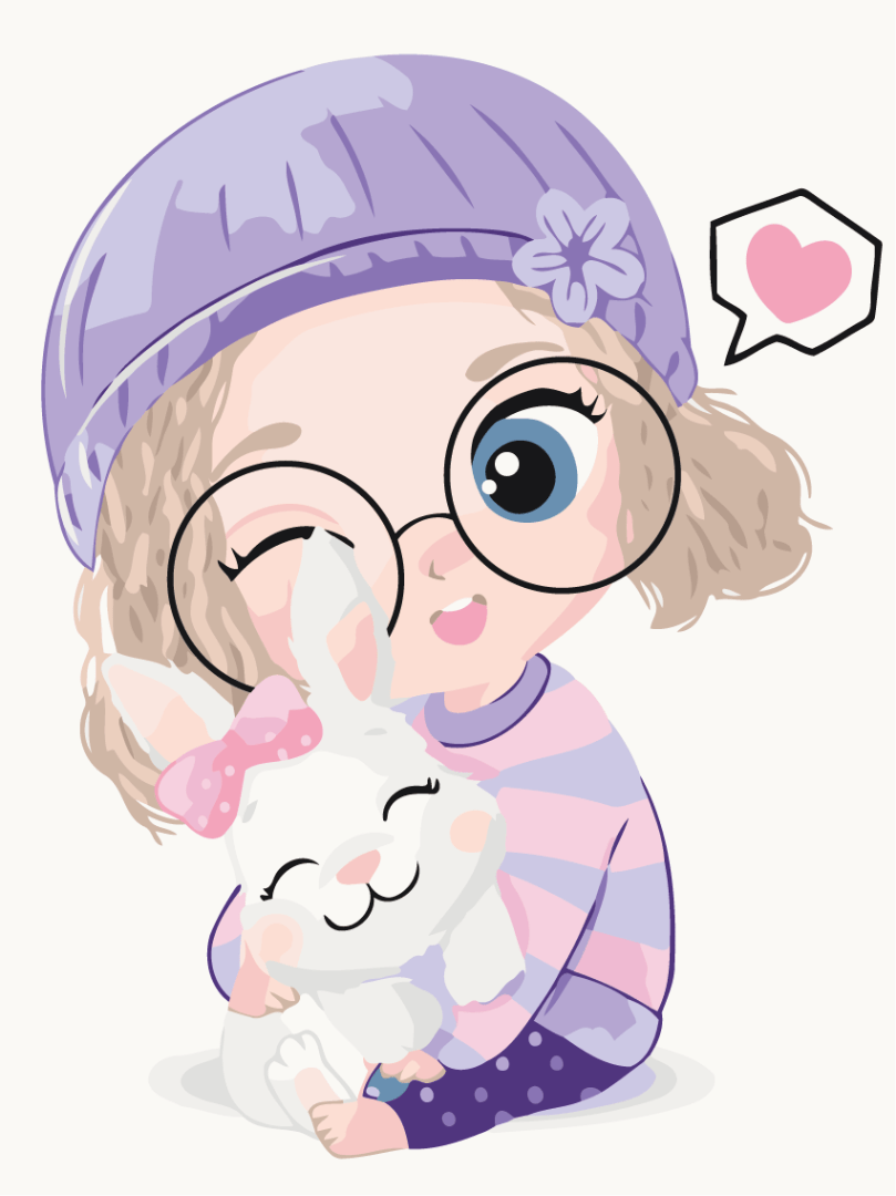 Illustrated girl in a purple beanie hugging a white rabbit with a pink bow