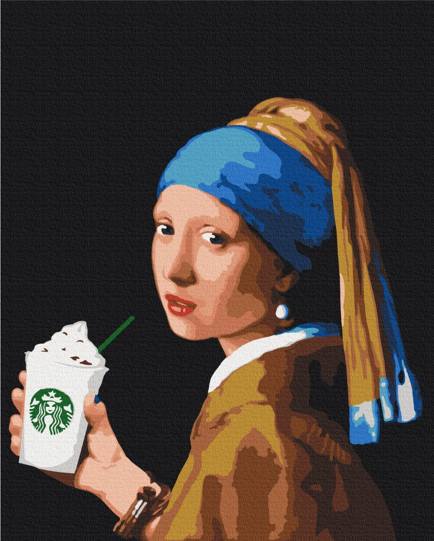 Pop-Art-Porträt eines Mädchens mit Perlenohrring und einem Eiskaffee