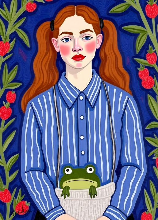 Illustration eines Mädchens mit roten Zöpfen und Frosch in der Schürzentasche