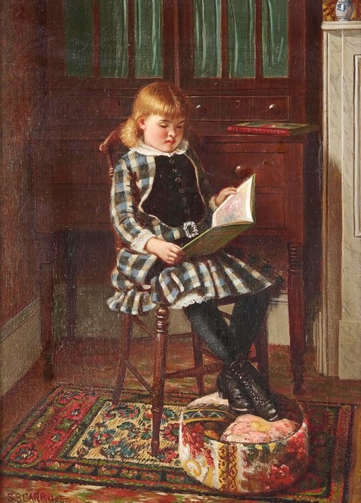 Painting of a girl in a plaid dress reading a picture book in a carved chair, by Samuel S. Carr