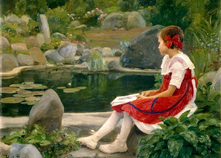 Mädchen im roten Kleid liest am Gartenteich mit Seerosenblättern, Gemälde von Brendekilde