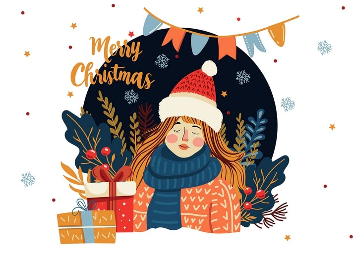Mädchen mit Weihnachtsmannmütze und orangefarbenem Pullover zwischen Geschenken und Stechpalme