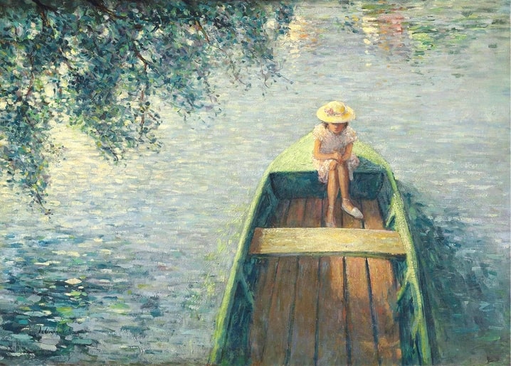 Impressionistisches Gemälde eines Mädchens mit Strohhut in einem grünen Ruderboot