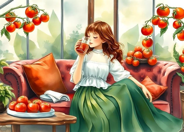 Girl drinking juice on a pink sofa surrounded by cherry tomato vines