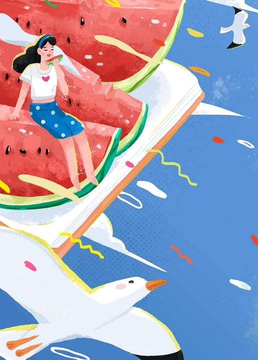 A girl eats watermelon atop a giant slice while seagulls fly over the sea