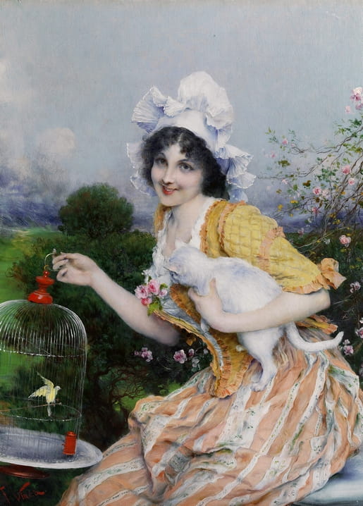 Girl in a lace bonnet holding a white cat beside a birdcage with a yellow canary and pink roses.