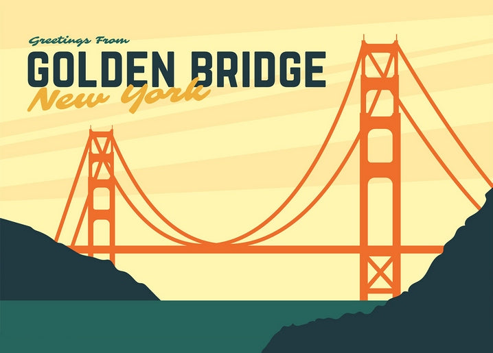Illustrierte Retro-Postkarte: orangefarbene Brücke über türkisfarbenem Wasser, Schriftzug „Golden Bridge, New York“