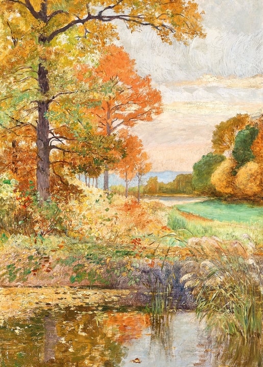 Gemälde von orange-goldenen Herbstbäumen, die sich in einem stillen Teich spiegeln