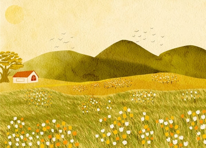Watercolor illustration of a red-roofed cottage under a tree with golden hills and wildflowers