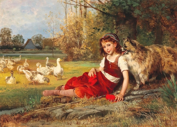 Genrebild eines Gänsemädchens, das sich mit ihrem Hund neben einer Gänseschar ausruht, von Anton Heinrich Dieffenbach