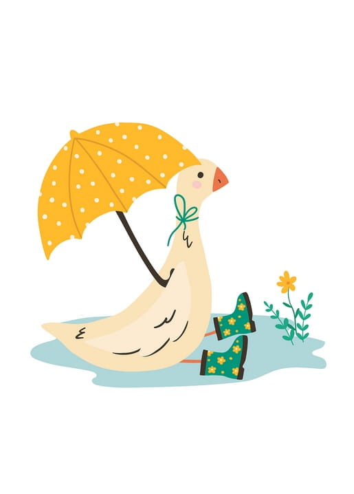 Illustrierte Gans mit gelbem Punkte-Regenschirm und grünen geblümten Gummistiefeln in einer Pfütze