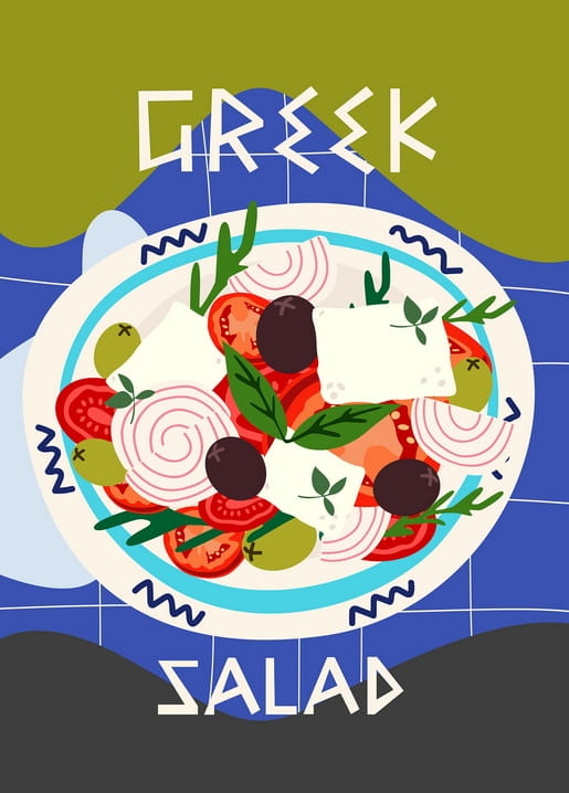 Flache Illustration eines griechischen Salats mit Tomaten, Feta, Oliven und Zwiebel