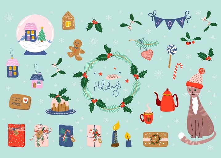 Mintgrüne Weihnachts-Collage mit Schneekugel, Lebkuchenmann und Kranz
