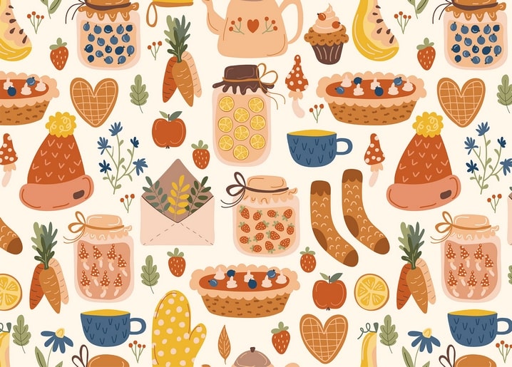 Seamless autumn pattern with berry jam jars, pumpkin pies, mushrooms, mittens and socks