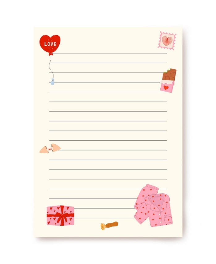 Lined letter paper with heart balloon, chocolate, fortune cookie and heart pajamas