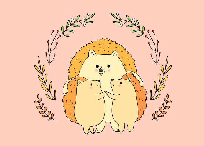 Big hedgehog hugging two baby hedgehogs inside a wreath of autumn branches and berries