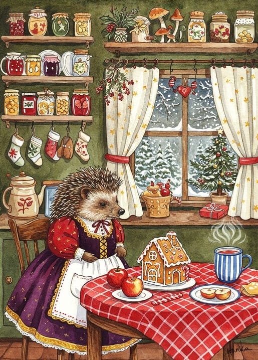 Hedgehog in a Victorian dress sitting by a gingerbread house, cocoa and jam jars on the shelf