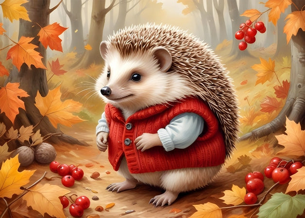Illustrierter Igel in roter Strickweste im Herbstwald mit Vogelbeeren