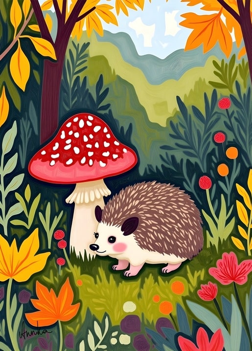 Illustrierter Igel neben einem roten Fliegenpilz im Herbstwald vor Bergkulisse