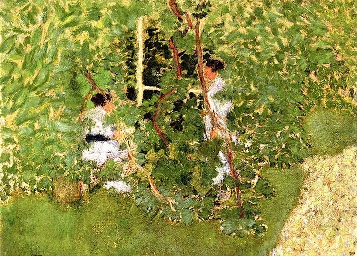 Pierre Bonnard postcard: two figures in white barely visible amid dense green garden foliage