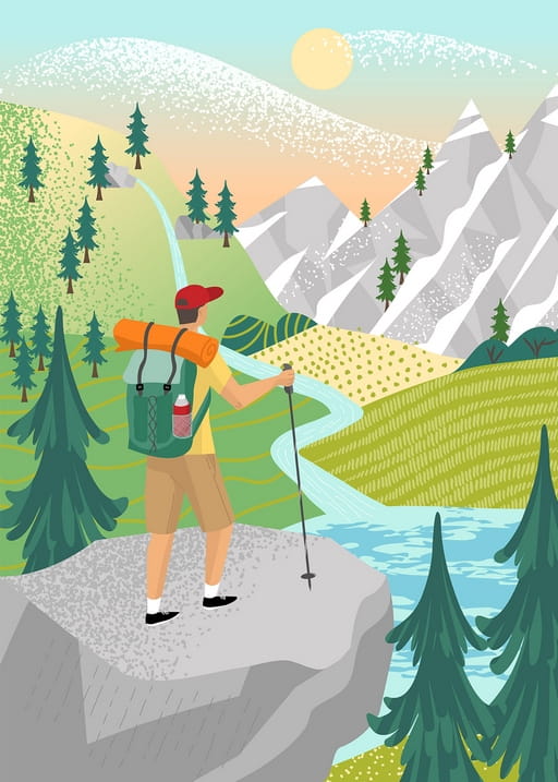 Illustration eines Wanderers mit Rucksack mit Blick auf Flusstal und schneebedeckte Berge