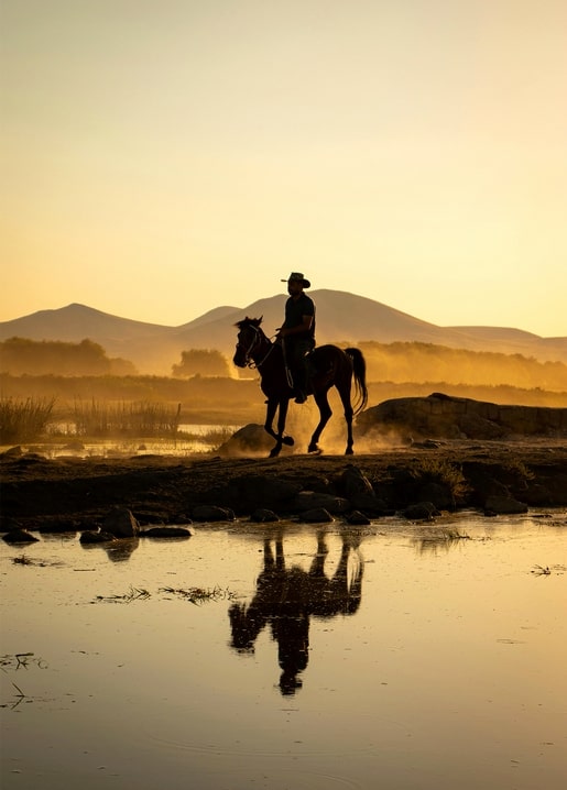 Silhouette von Reiter und Pferd am nebligen Seeufer bei Sonnenuntergang