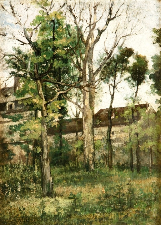 Landschaftsgemälde mit kahlen und belaubten Bäumen vor Steinhäusern mit roten Ziegeldächern, von Stanislas Lépine