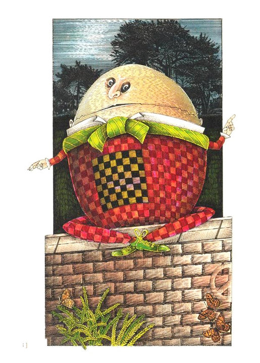 Illustration of Humpty Dumpty sitting on a brick wall at night with butterflies nearby