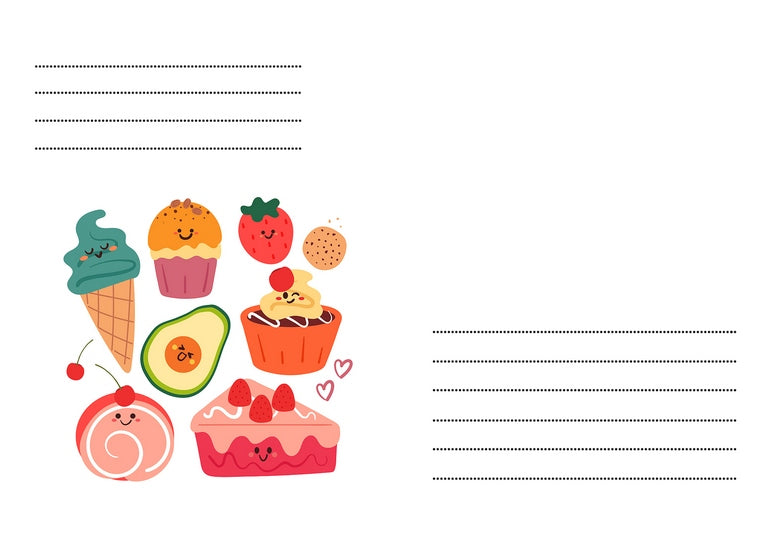 Umschlag mit Illustrationen von Eis, Cupcake, Erdbeere und Avocado, gepunktete Linien für die Adresse.